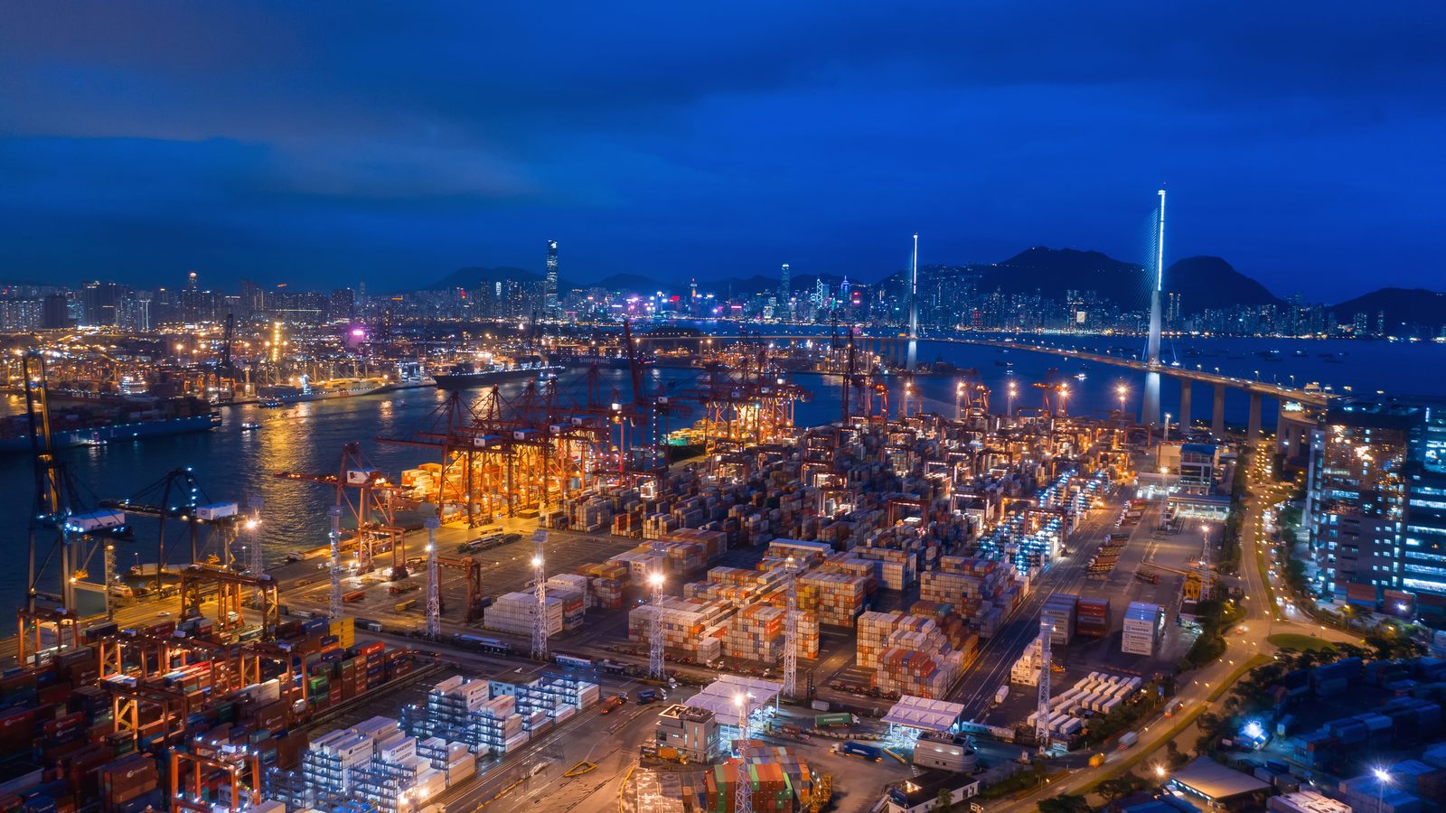 Hong Kong container terminal and harbor at night