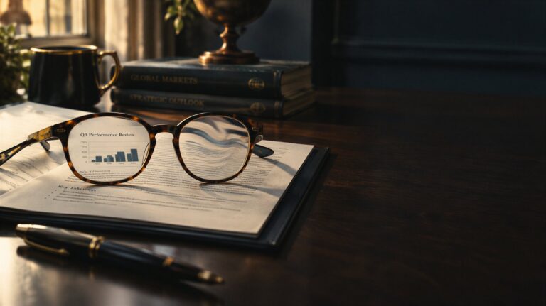 Reading glasses on a briefing folder, one lens sharp and one distorted, illustrating how cognitive bias warps the same evidence