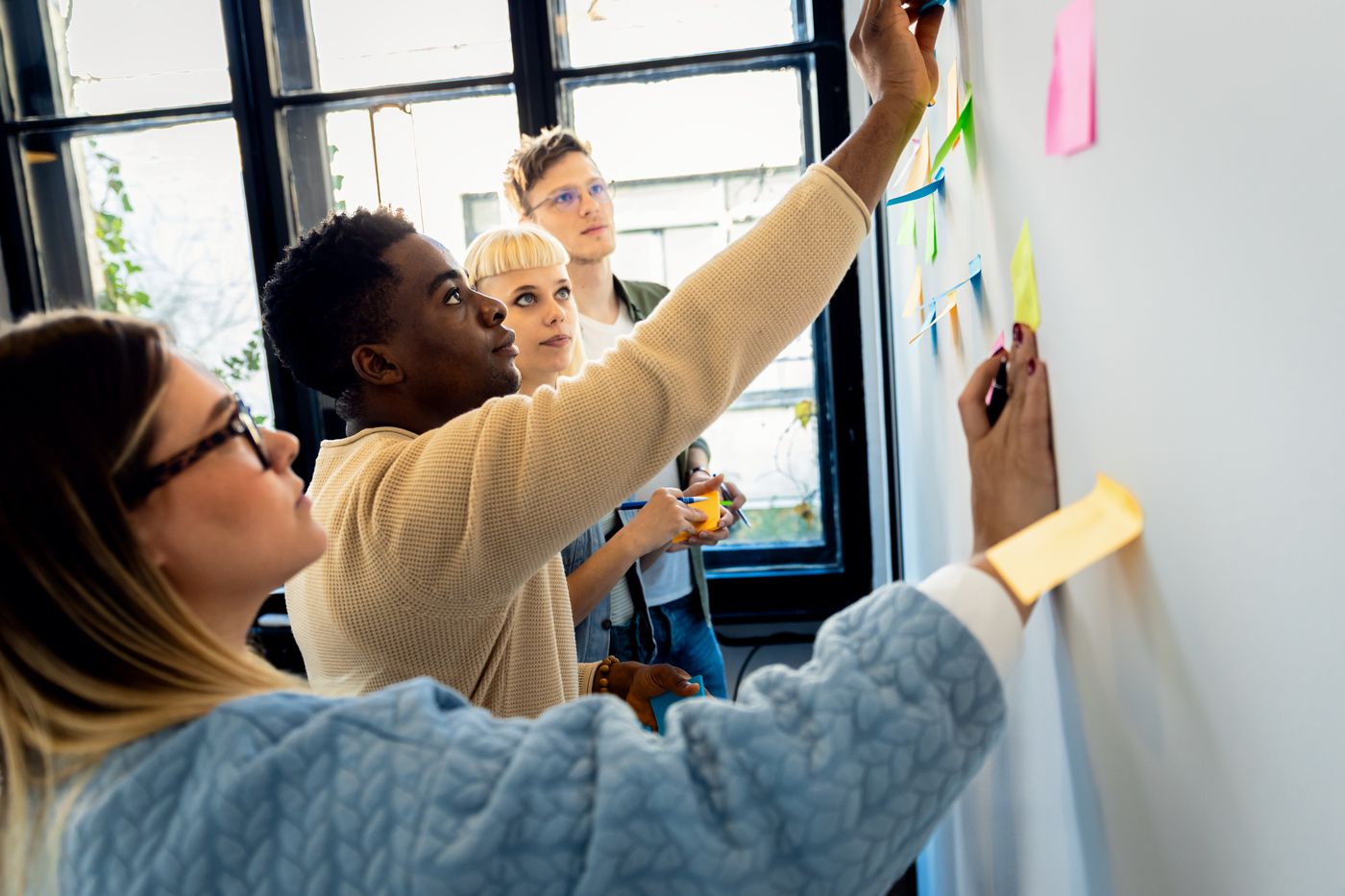 A team brainstorming with sticky notes during a Futures Wheel workshop