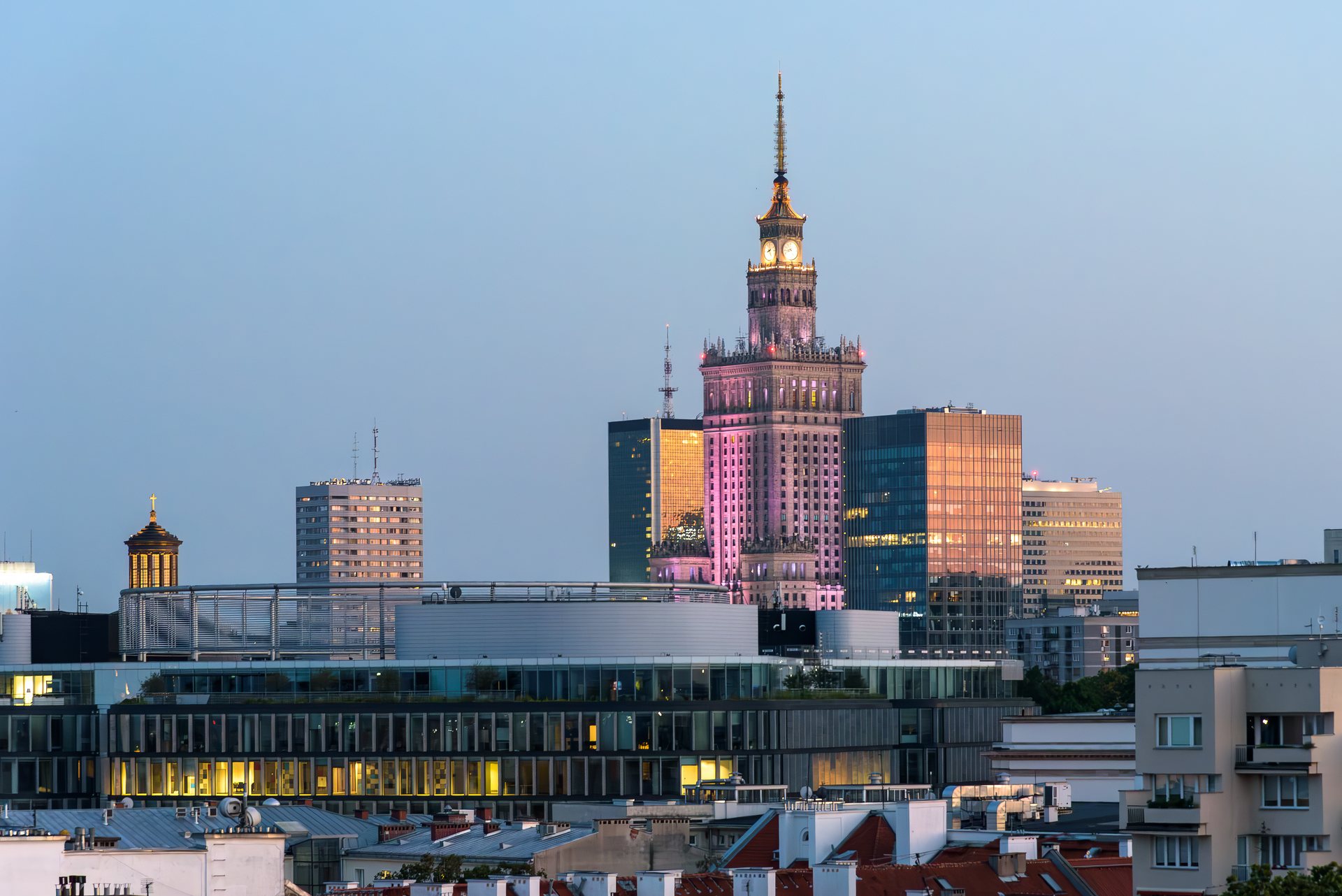 Warsaw skyline at dusk, the capital where Polish intelligence is headquartered