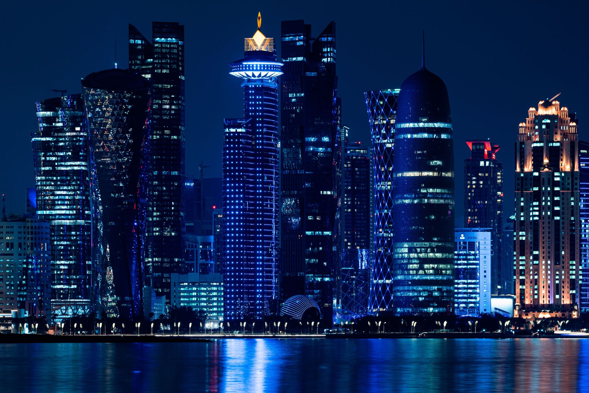 The Doha skyline at night, home of Qatari intelligence and the State Security service