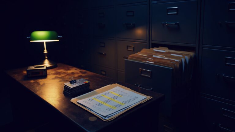 A banker’s lamp lights highlighted bank statements and a clipped stack of payment cards beside an open file drawer, illustrating the SPLC informant case