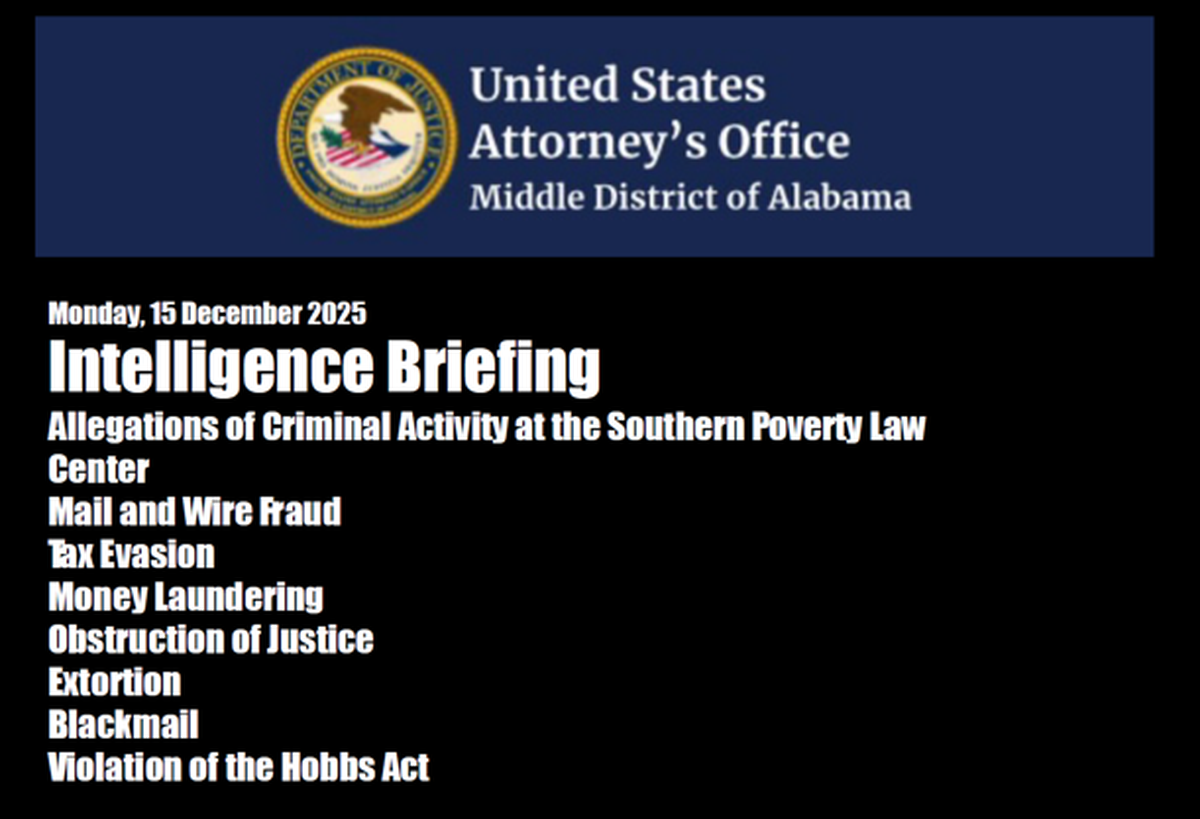 Title slide of SPLC informant F-9's December 15, 2025 "Intelligence Briefing" to federal prosecutors, with a U.S. Attorney's Office header and a list of proposed charges against SPLC