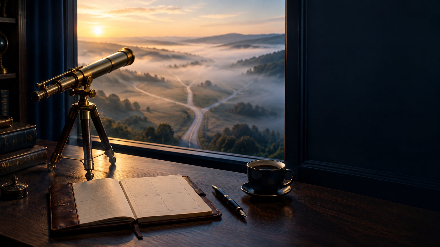 Brass telescope at a window above a misty valley where one road splits into several paths, illustrating the plausible futures of strategic foresight