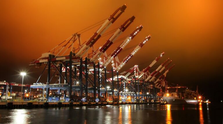 Container port cranes lit up against an orange night sky, the unglamorous infrastructure behind global trade